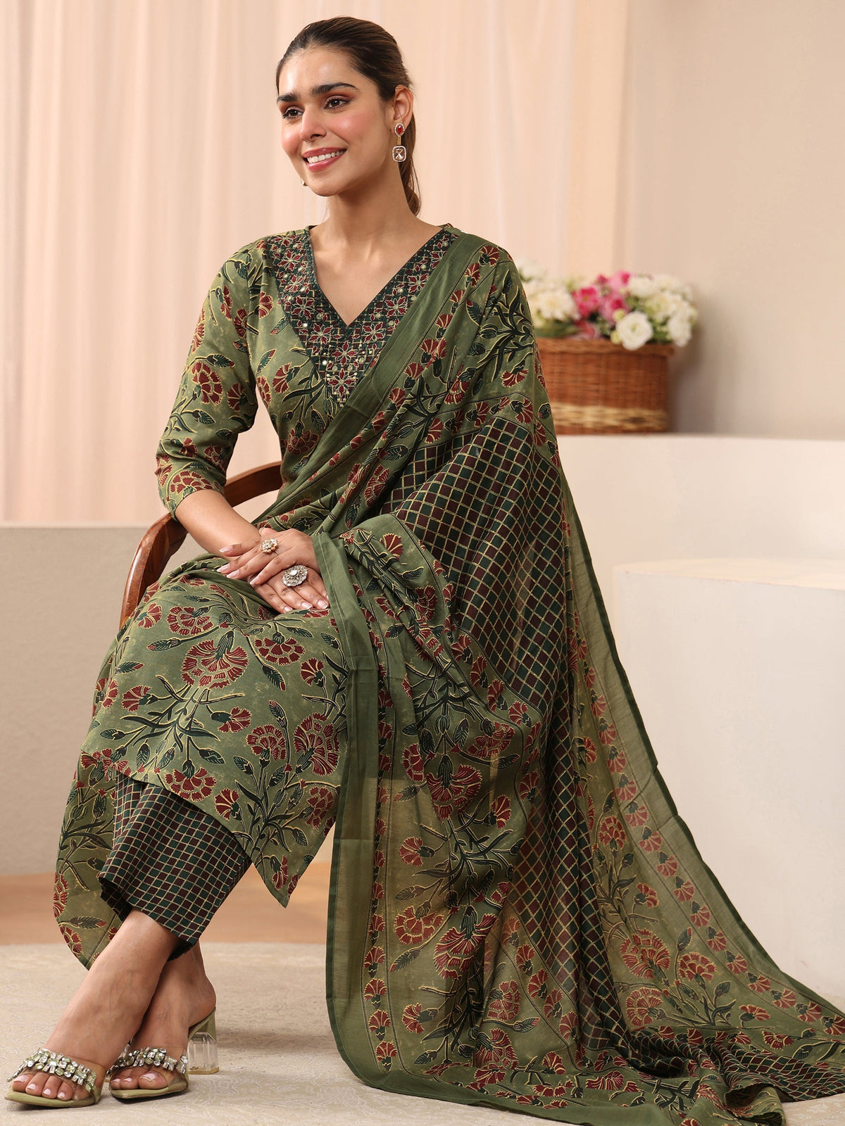 Gerua Green Floral Printed Cotton Blend Straight Suit Set