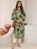 Libas Green Floral Printed Silk Blend Straight Kurta
