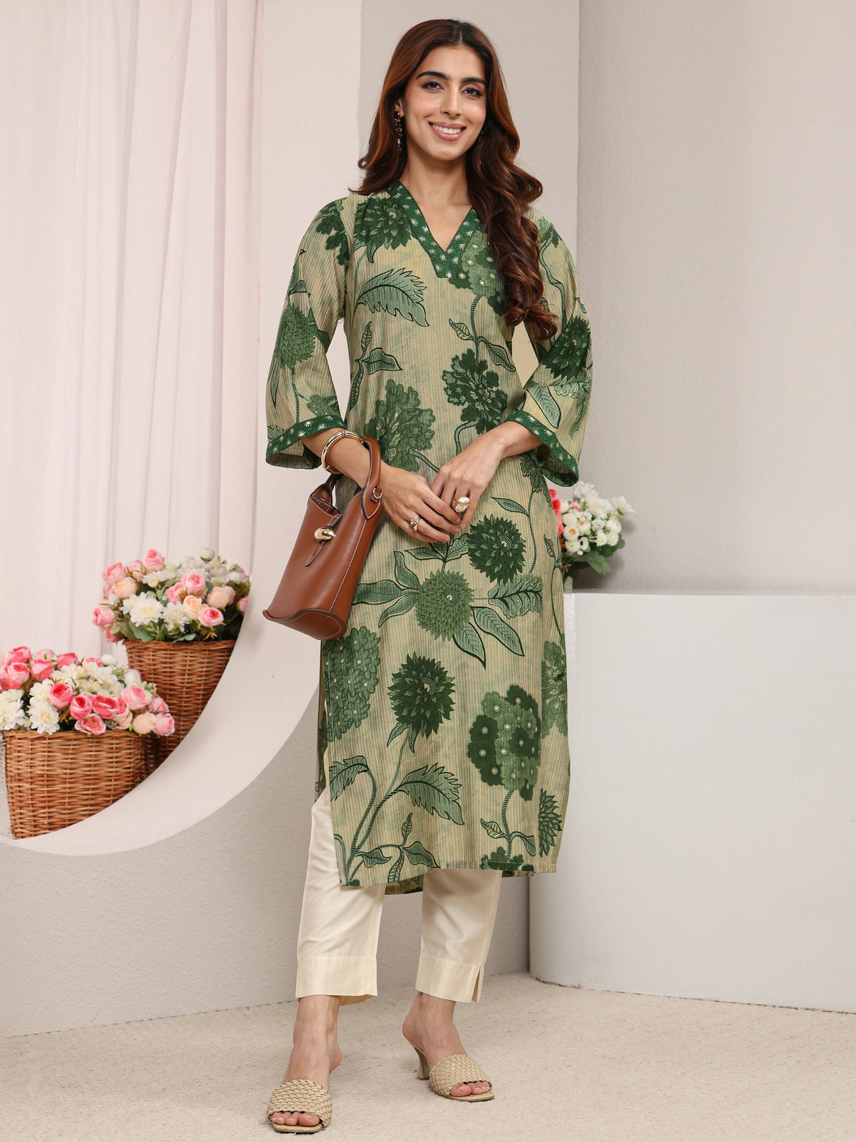 Libas Green Floral Printed Silk Blend Straight Kurta