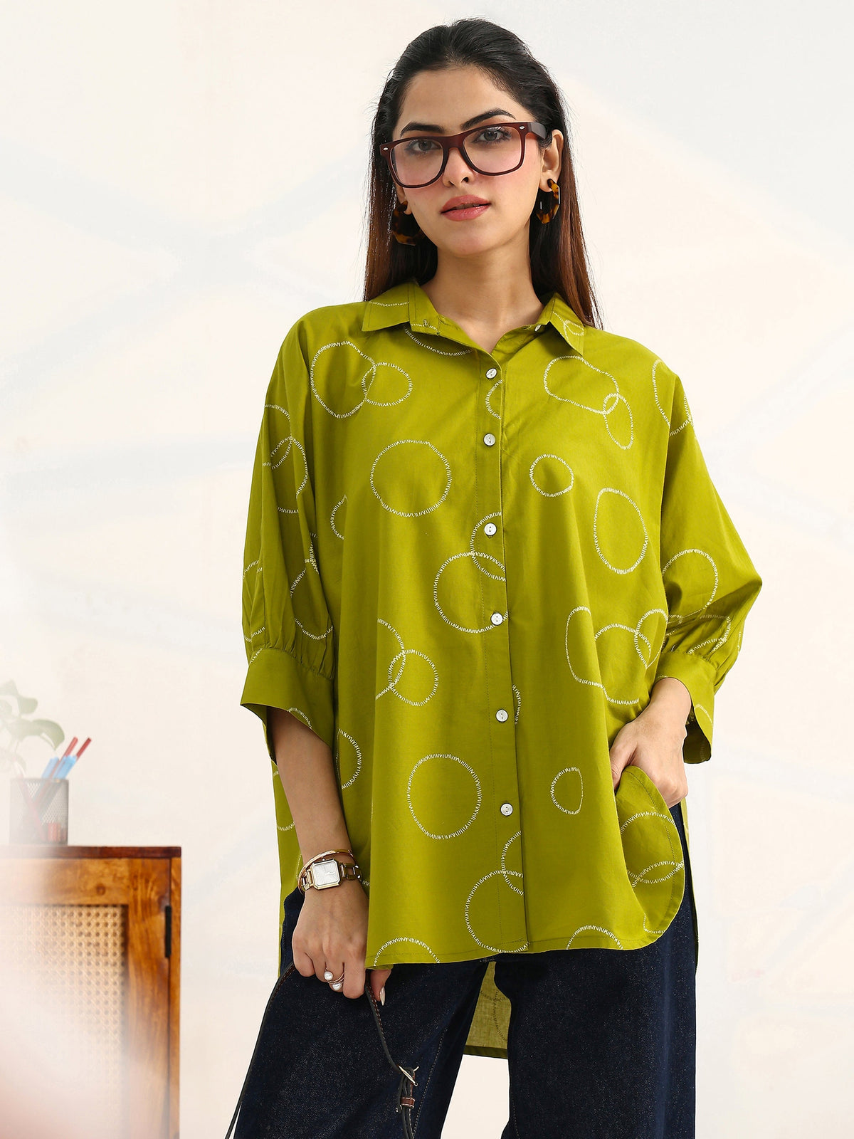 Gerua Green Geometric Printed Cotton Blend Shirt