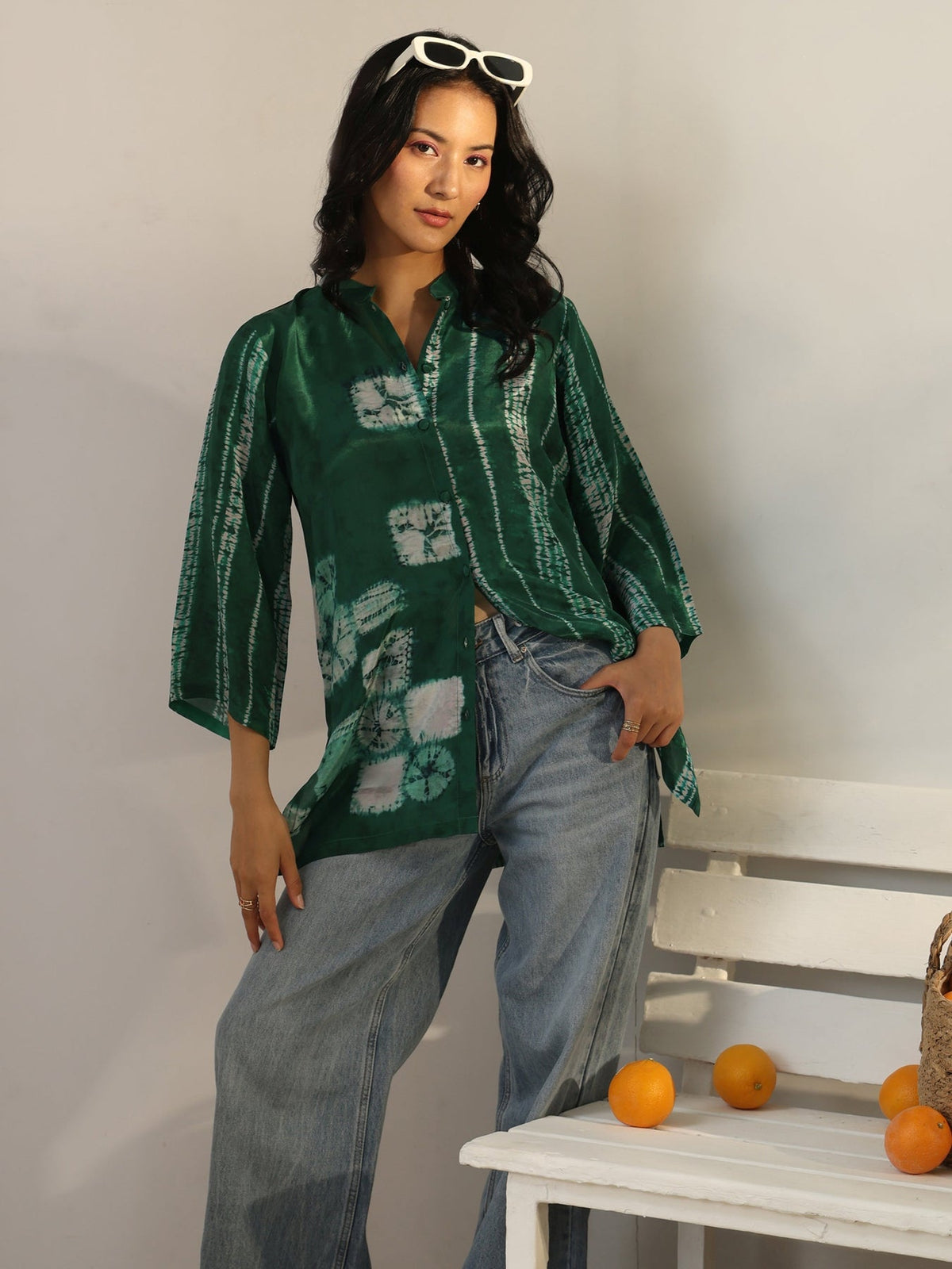 Libas Green Geometric Printed Crepe Shirt K60