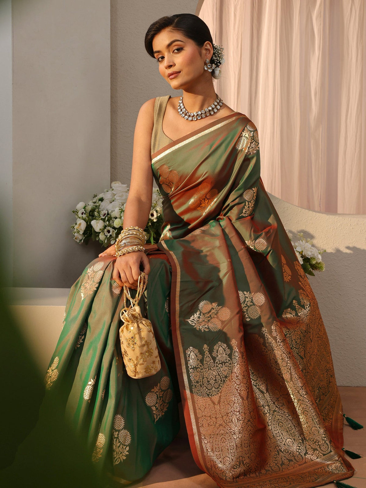 Libas Green Kanjeevaram Silk Blend Saree S45