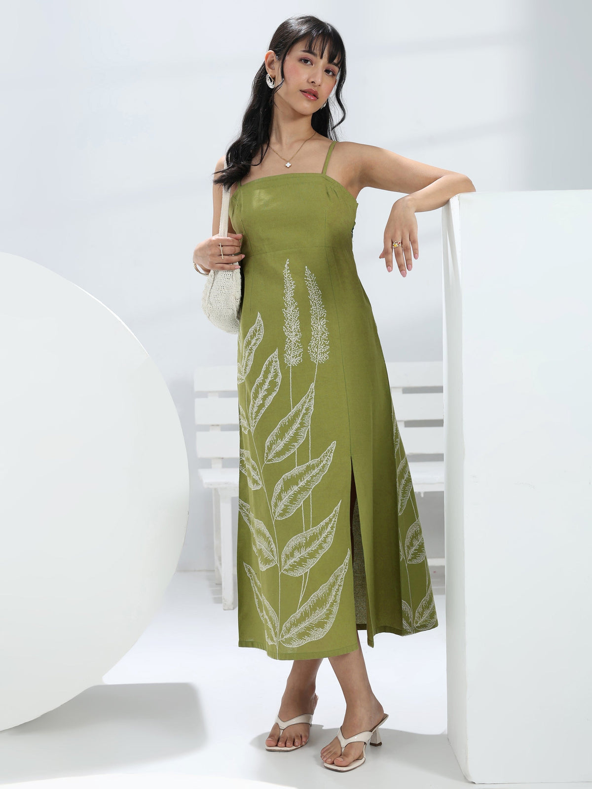 Libas Green Printed A-Line Cotton One-Piece Dress