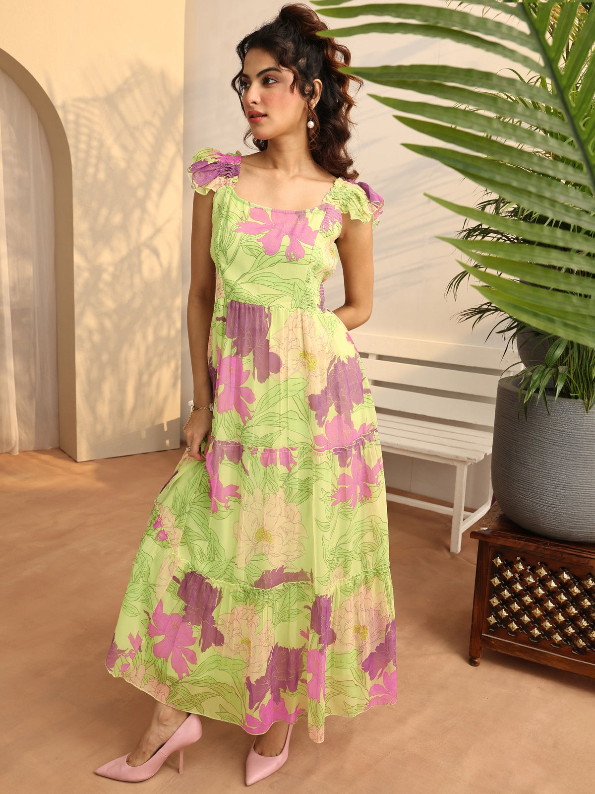 Libas Green Printed Chiffon Fit And Flare One Piece Dress