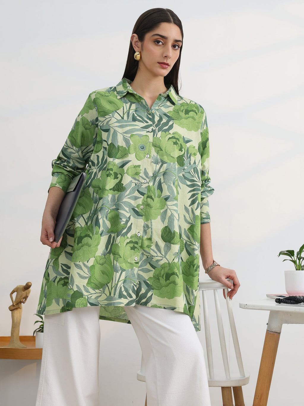 Libas Green Printed Cotton Straight Shirt