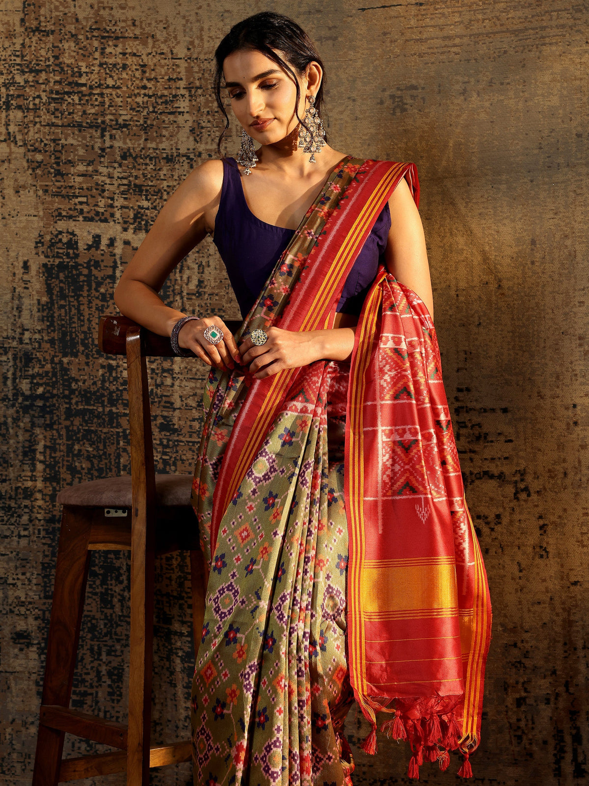 Libas Green Printed Silk Saree With Unstitched Blouse Piece