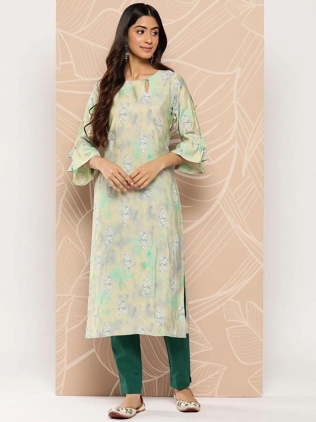 Gerua Green Printed Silk Straight Kurta