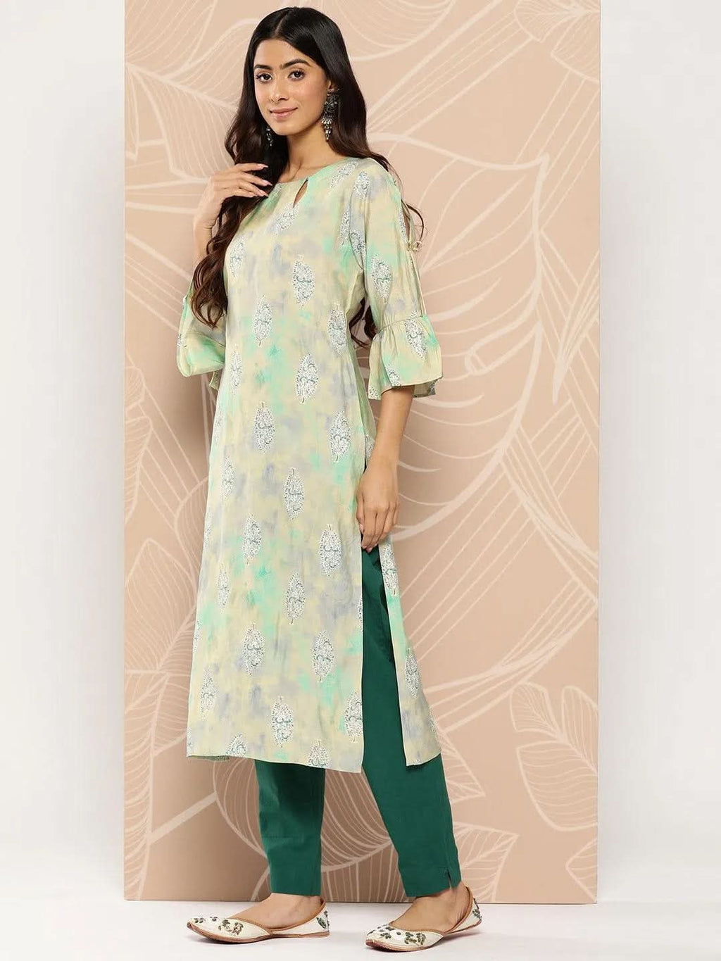 Gerua Green Printed Silk Straight Kurta