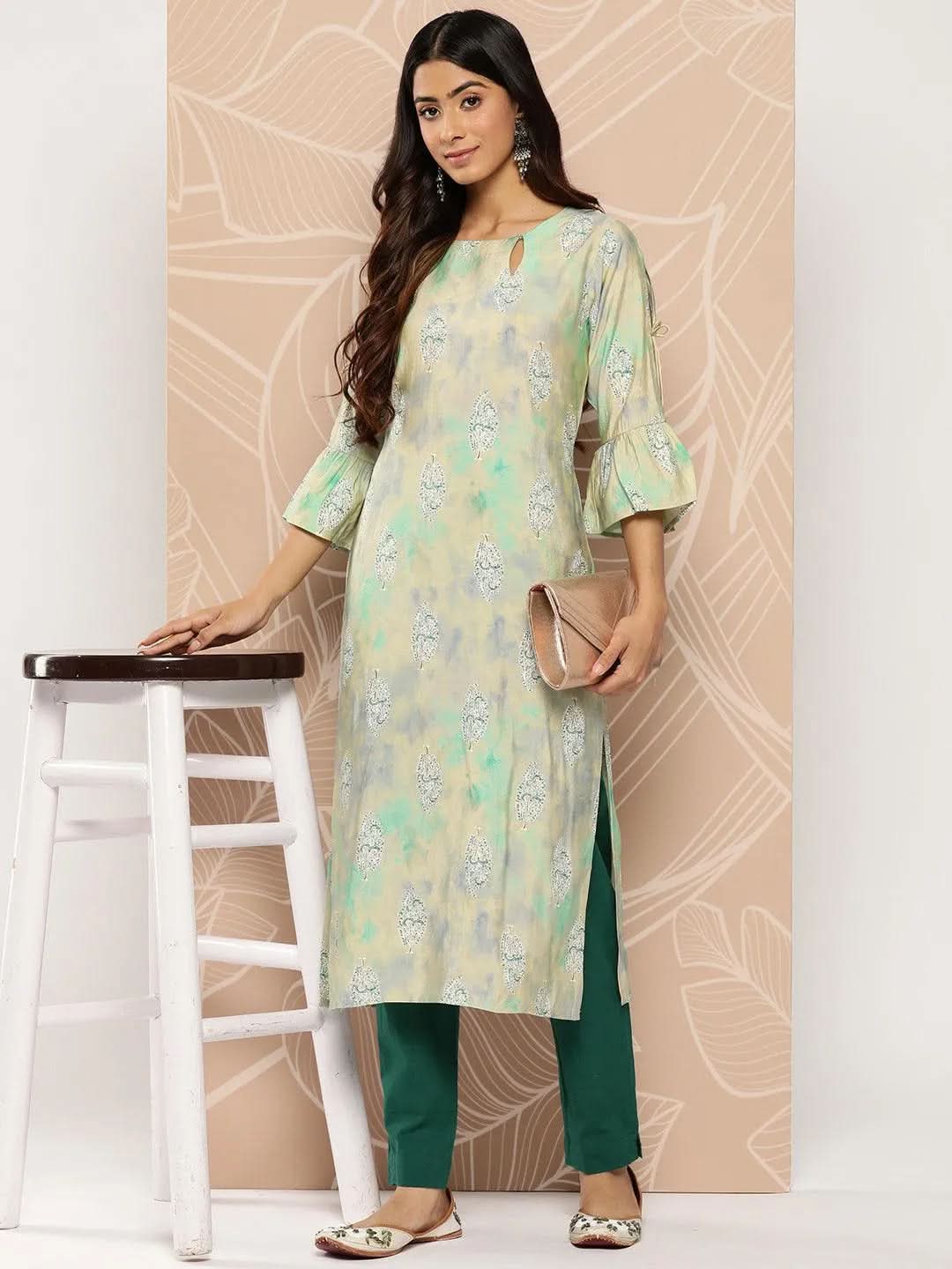 Gerua Green Printed Silk Straight Kurta
