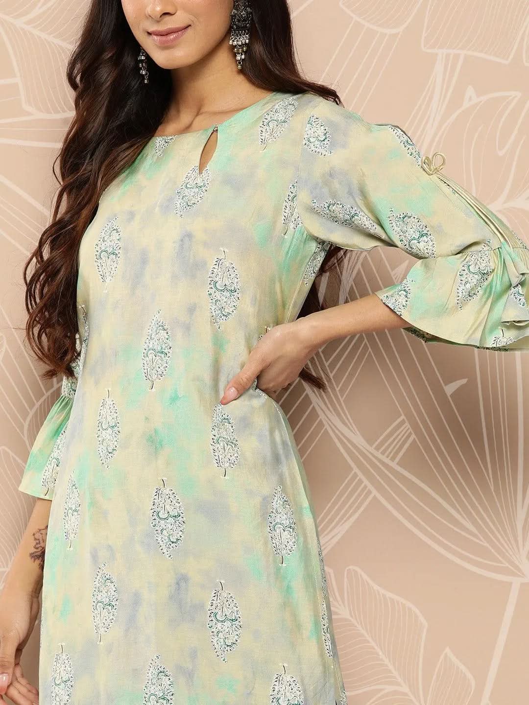 Gerua Green Printed Silk Straight Kurta