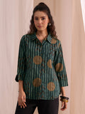 Libas Bottle Green Striped Printed Cotton Shirt