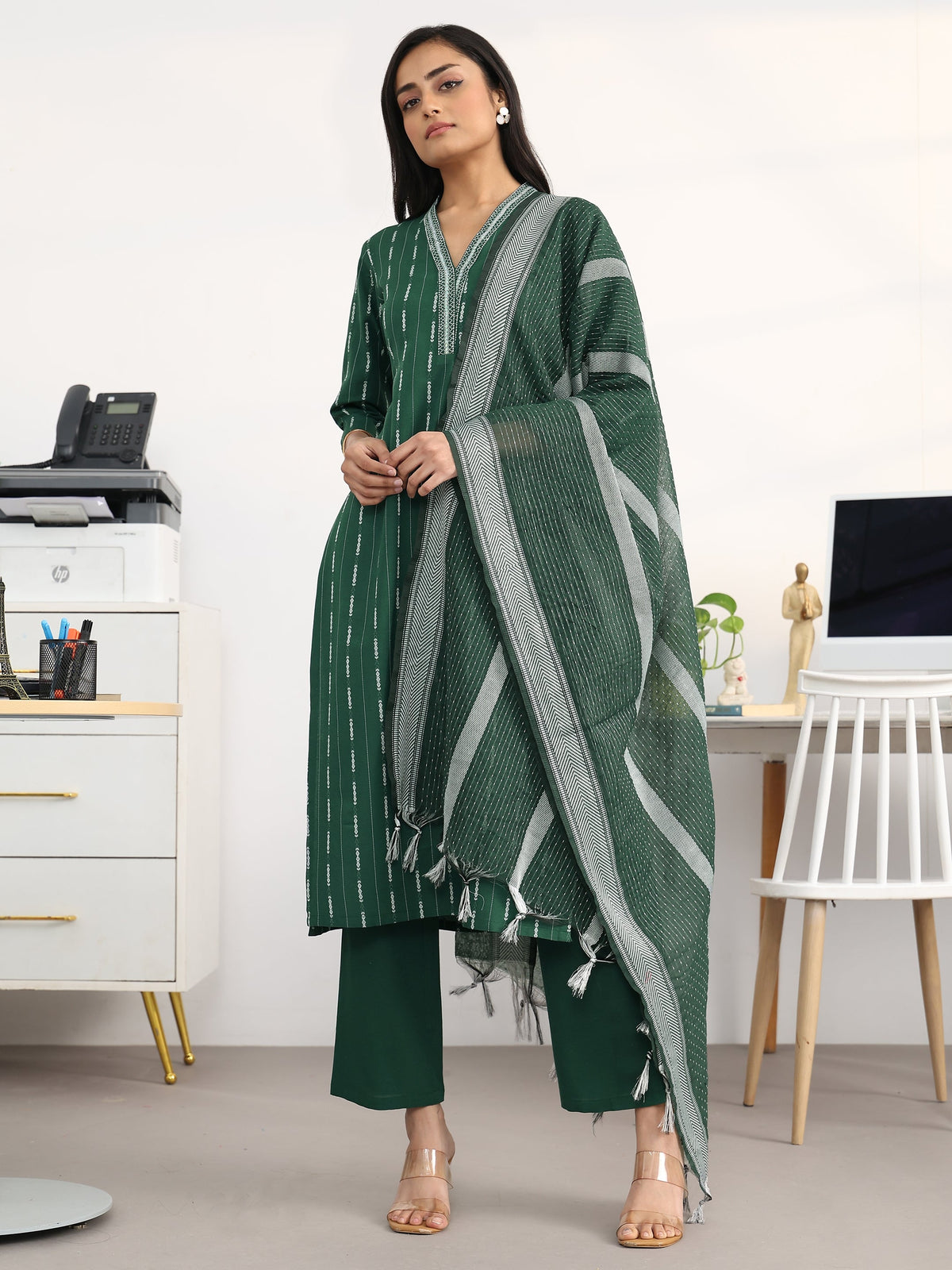 Gerua Green Striped Woven Design Cotton Blend Straight Suit Set With Dupatta