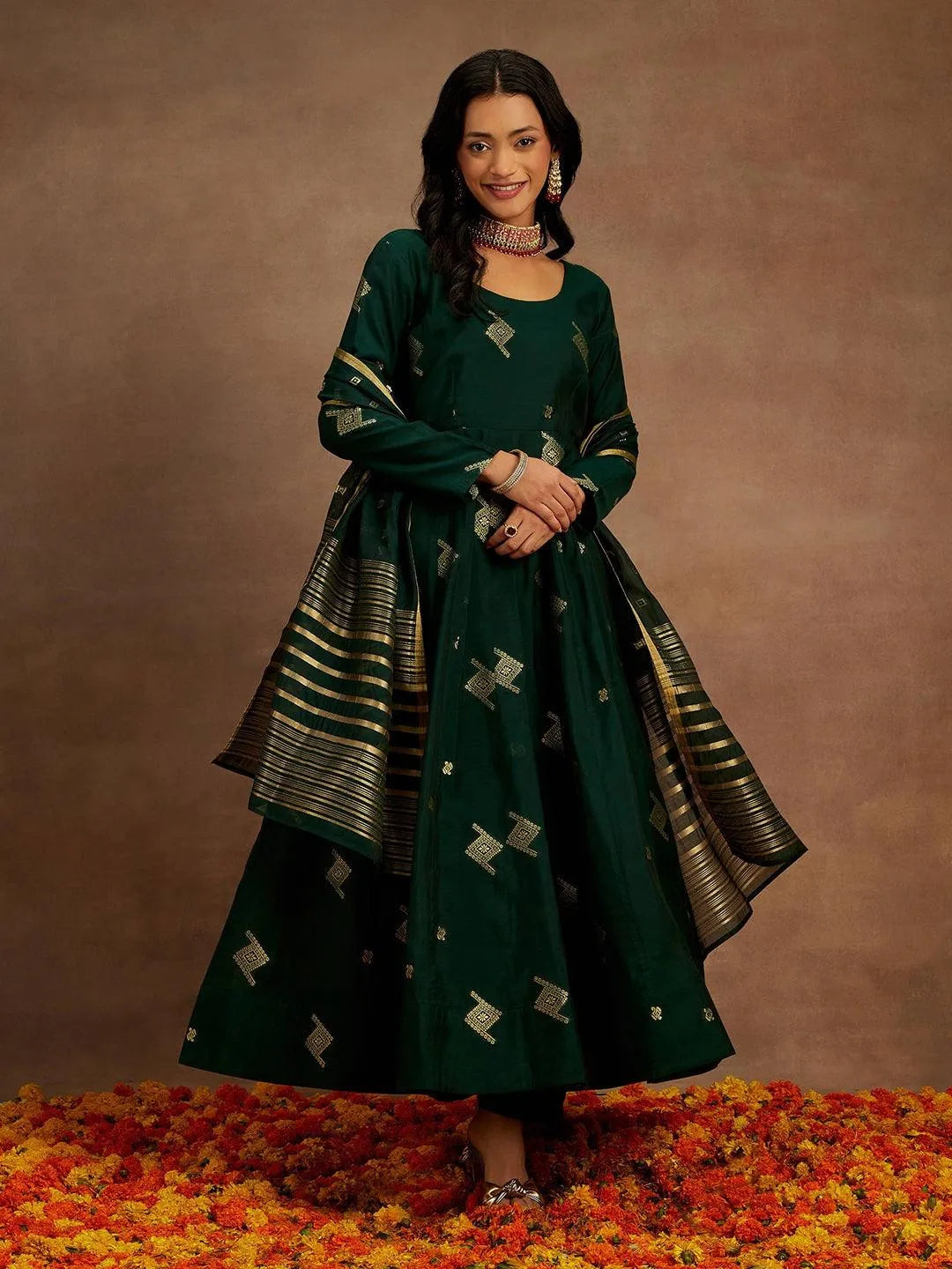 Libas Green Woven Design Chanderi Silk Anarkali Suit With Dupatta