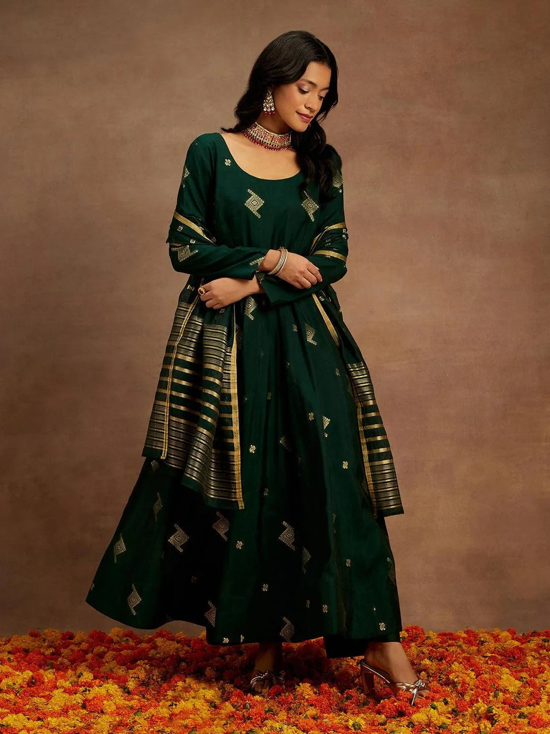 Libas Green Woven Design Chanderi Silk Anarkali Suit With Dupatta