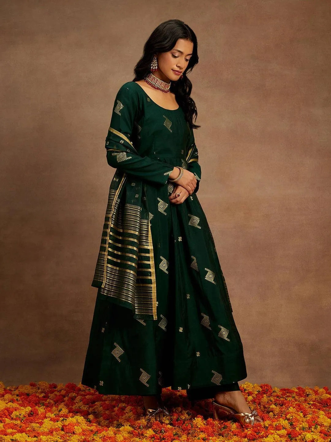 Libas Green Woven Design Chanderi Silk Anarkali Suit With Dupatta