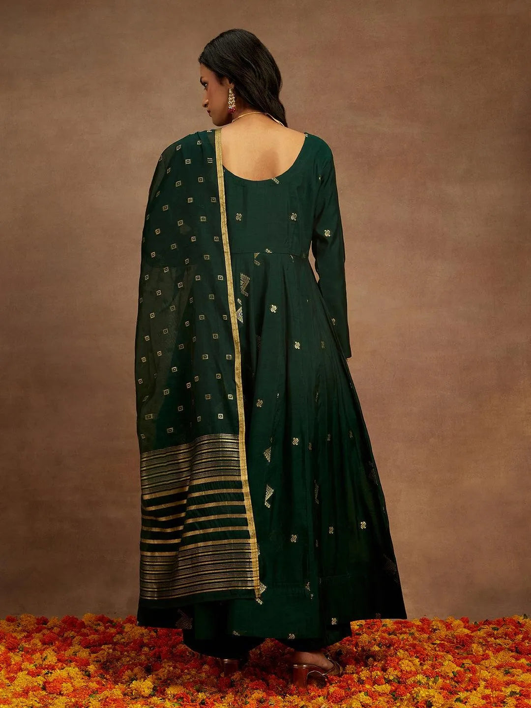 Libas Green Woven Design Chanderi Silk Anarkali Suit With Dupatta