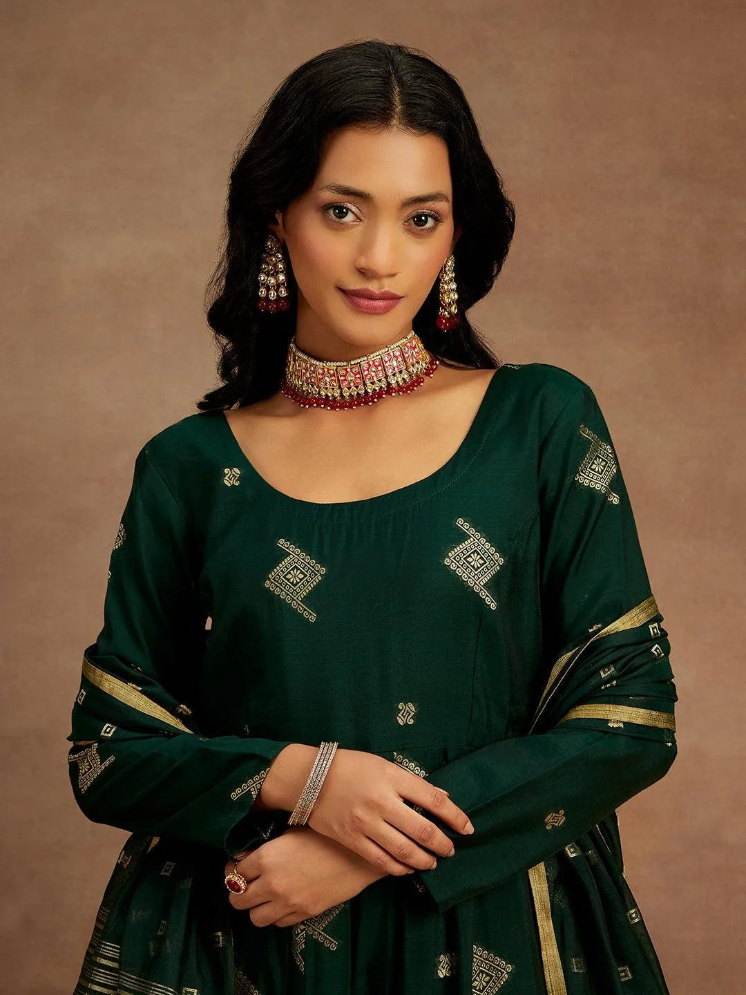 Libas Green Woven Design Chanderi Silk Anarkali Suit With Dupatta