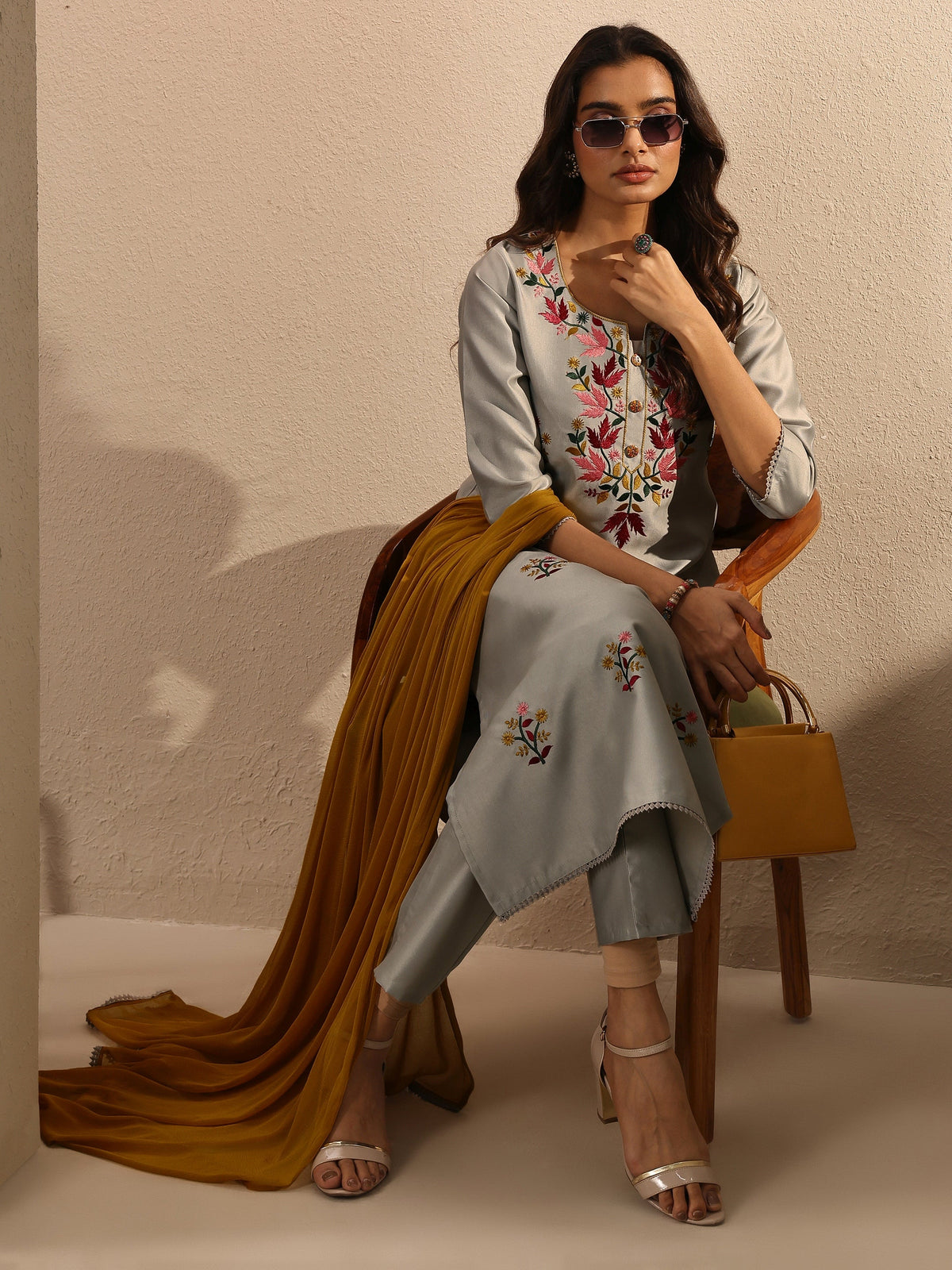 Libas Grey Embroidered Silk Blend Straight Suit Set With Dupatta