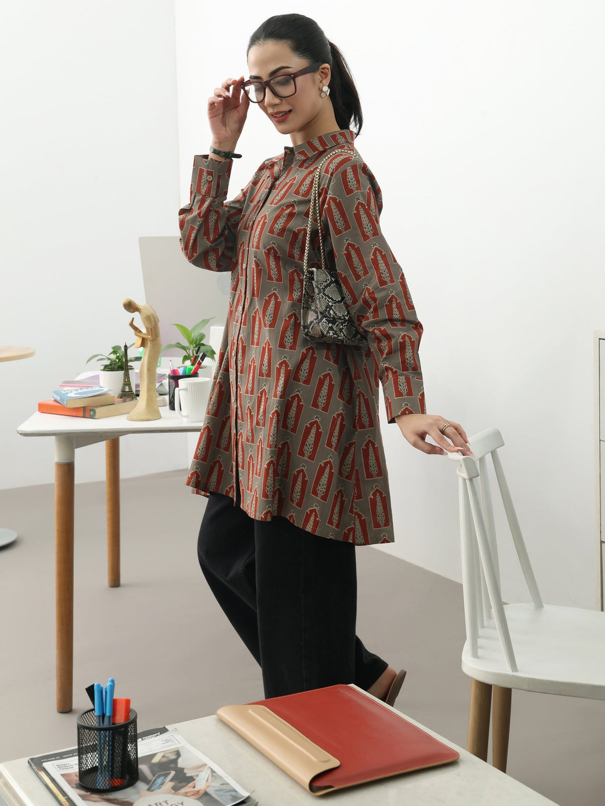 Gerua Grey Ethnic Motifs Printed Cotton Blend Shirt