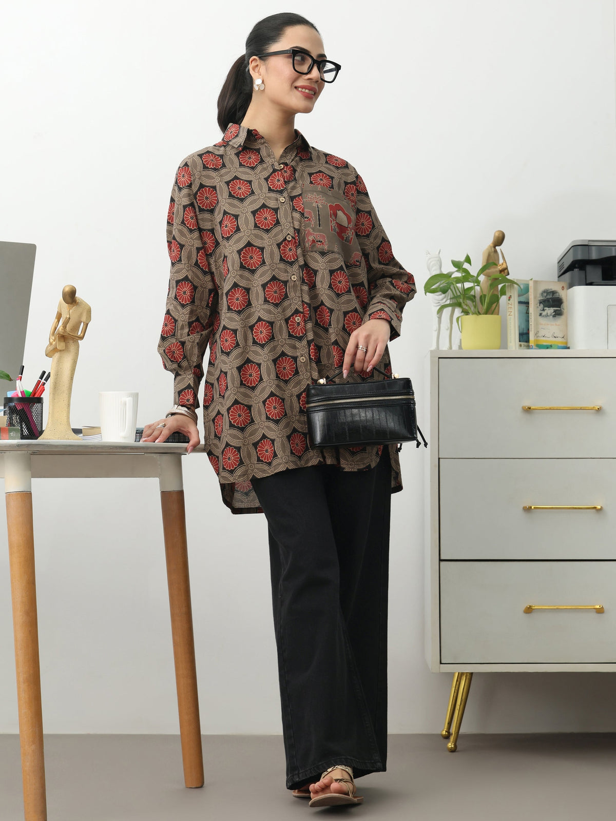 Gerua Grey Ethnic Motifs Printed Cotton Blend Shirt