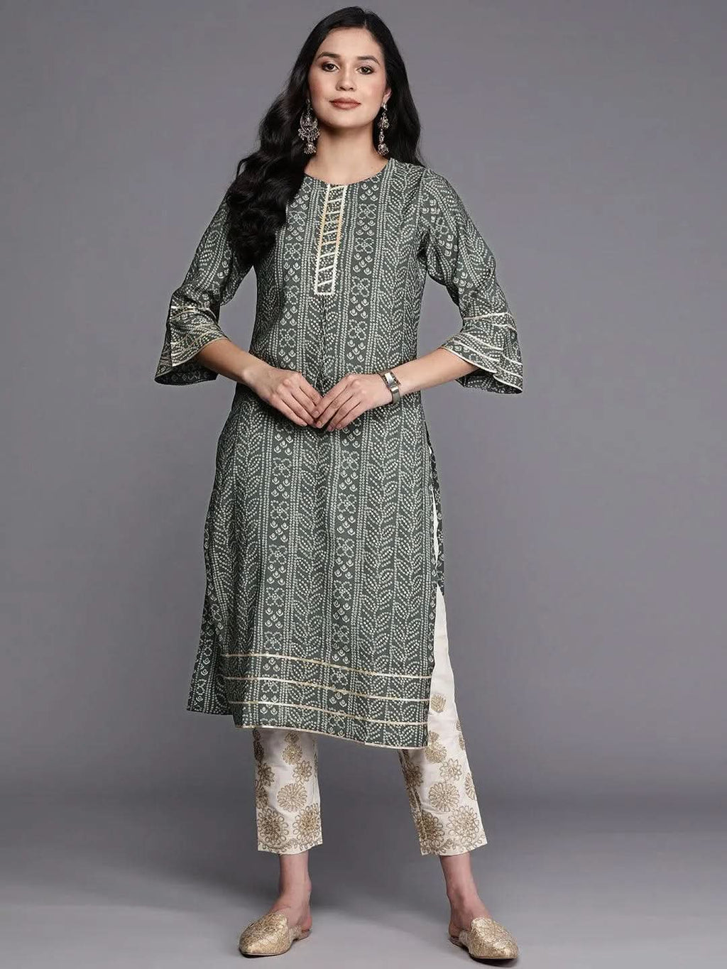 Gerua Grey Printed Silk Straight Kurta