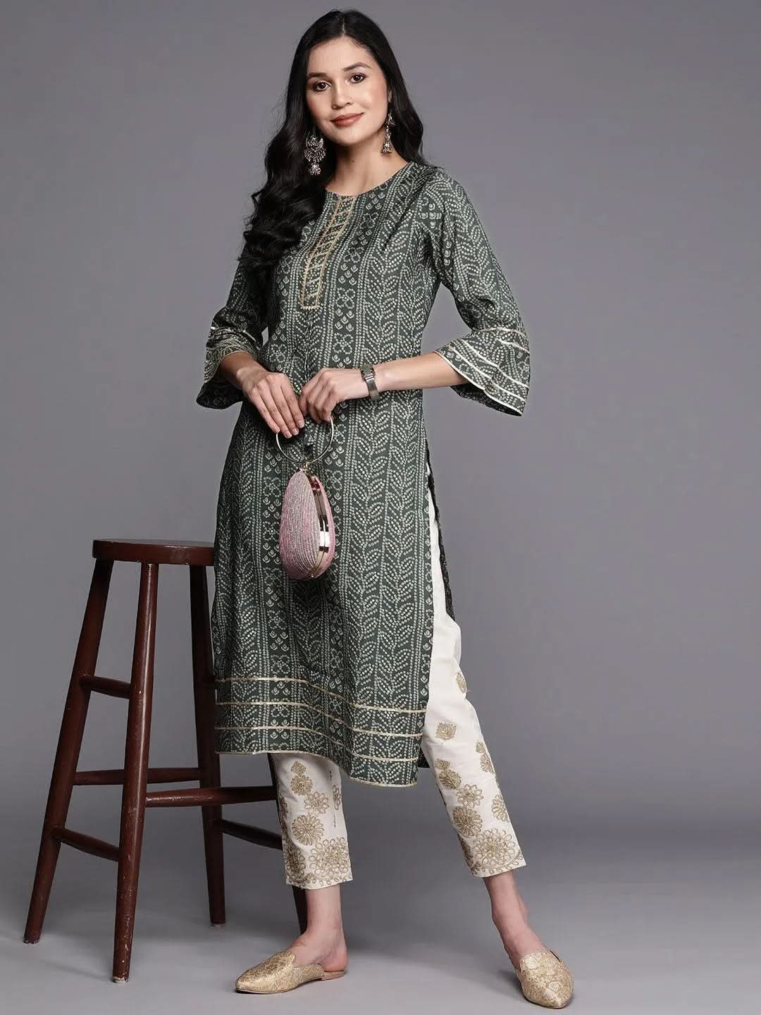Gerua Grey Printed Silk Straight Kurta