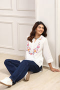 White Cotton Floral Embroidered  Straight Kurti K60