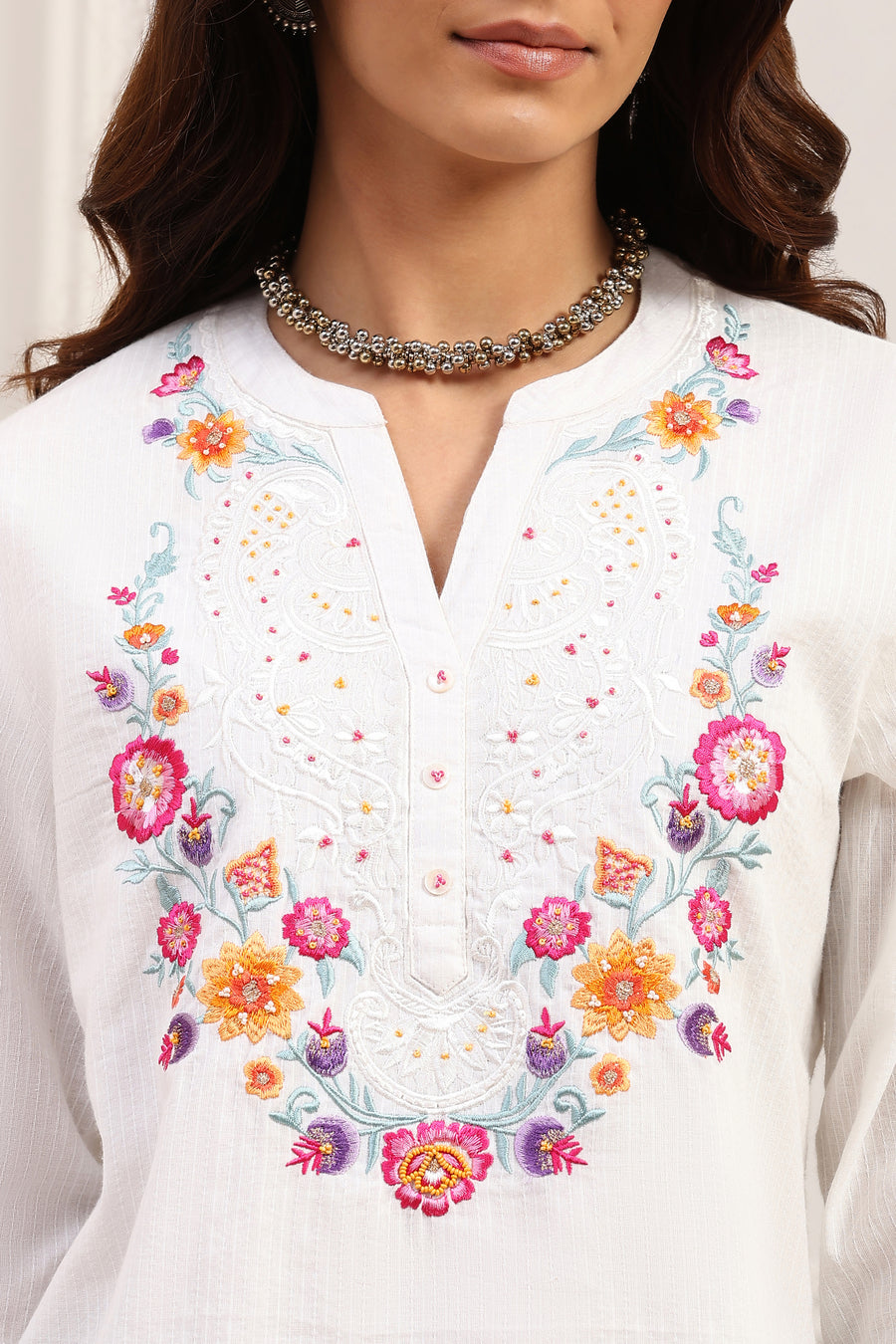 White Cotton Floral Embroidered Straight Kurti K60