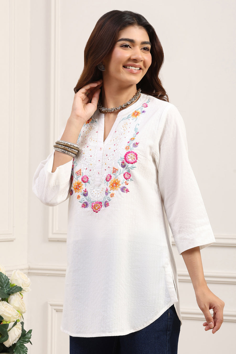 White Cotton Floral Embroidered Straight Kurti K60