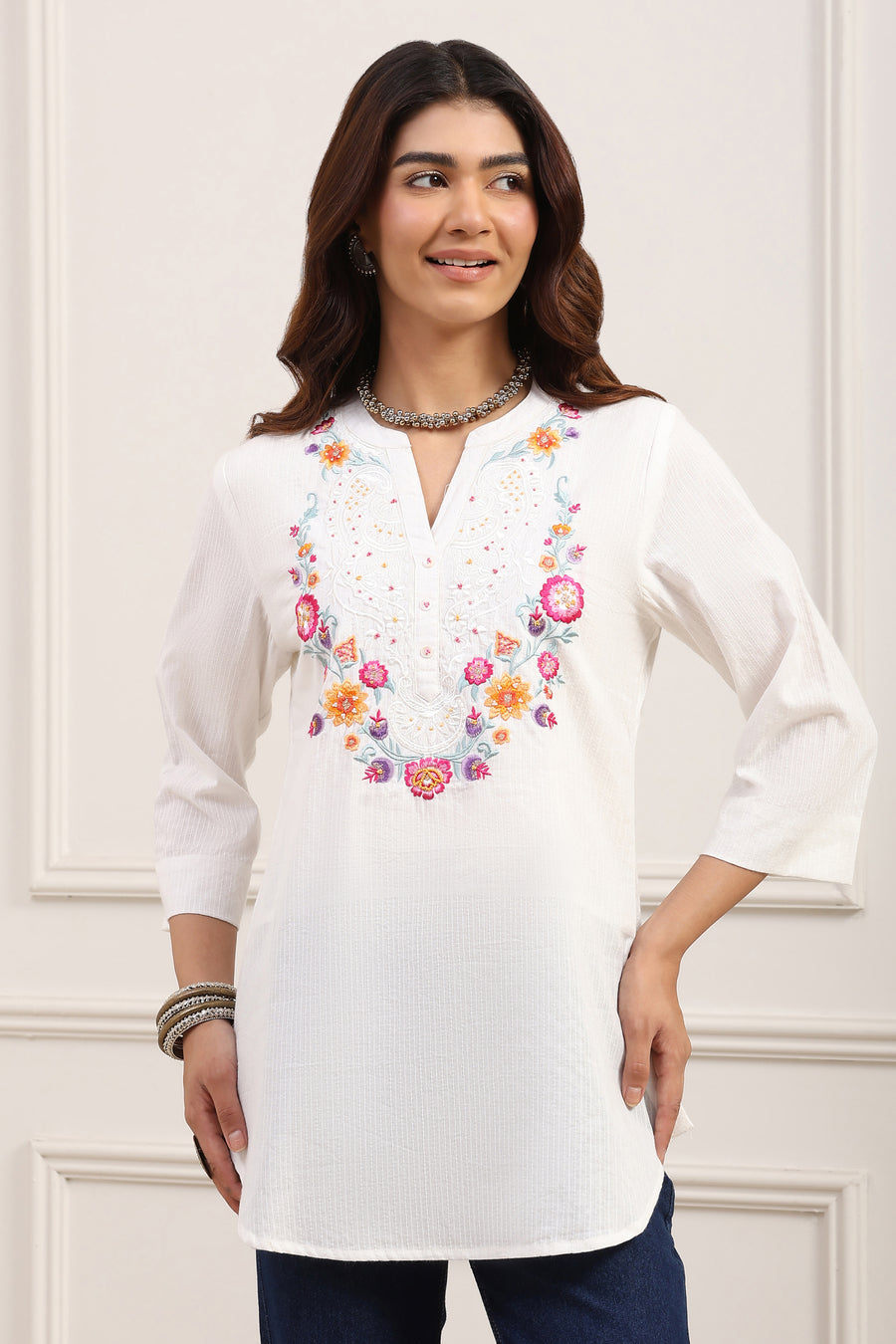 White Cotton Floral Embroidered Straight Kurti K60