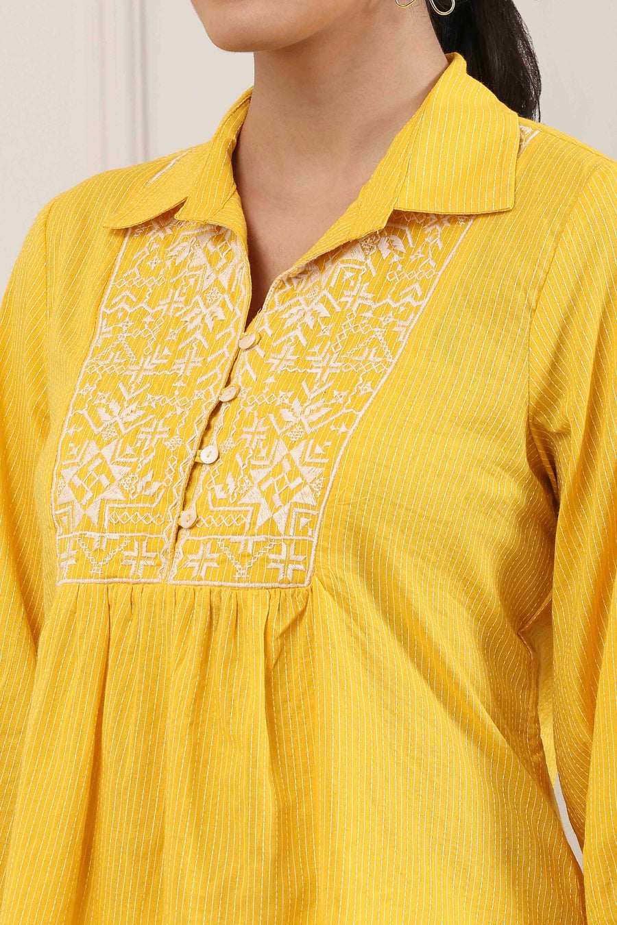 Yellow Cotton Yoke Embroidered Kurti K60