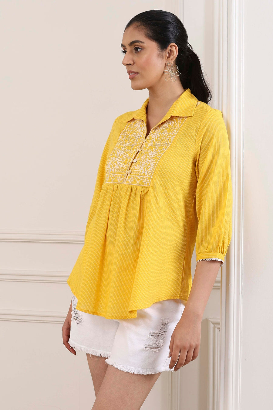 Yellow Cotton Yoke Embroidered Kurti K60
