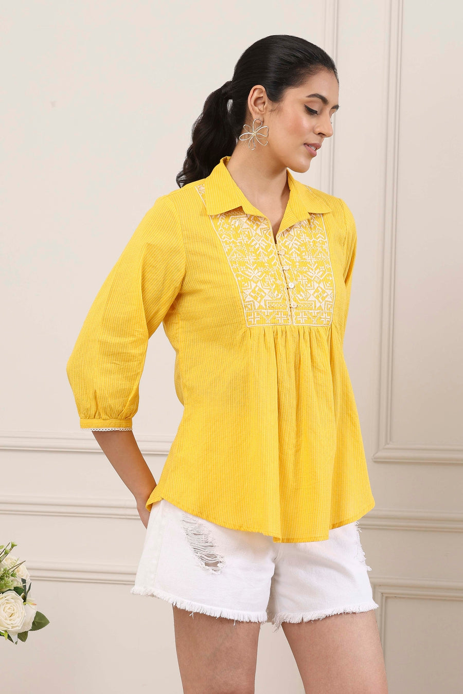 Yellow Cotton Yoke Embroidered Kurti K60