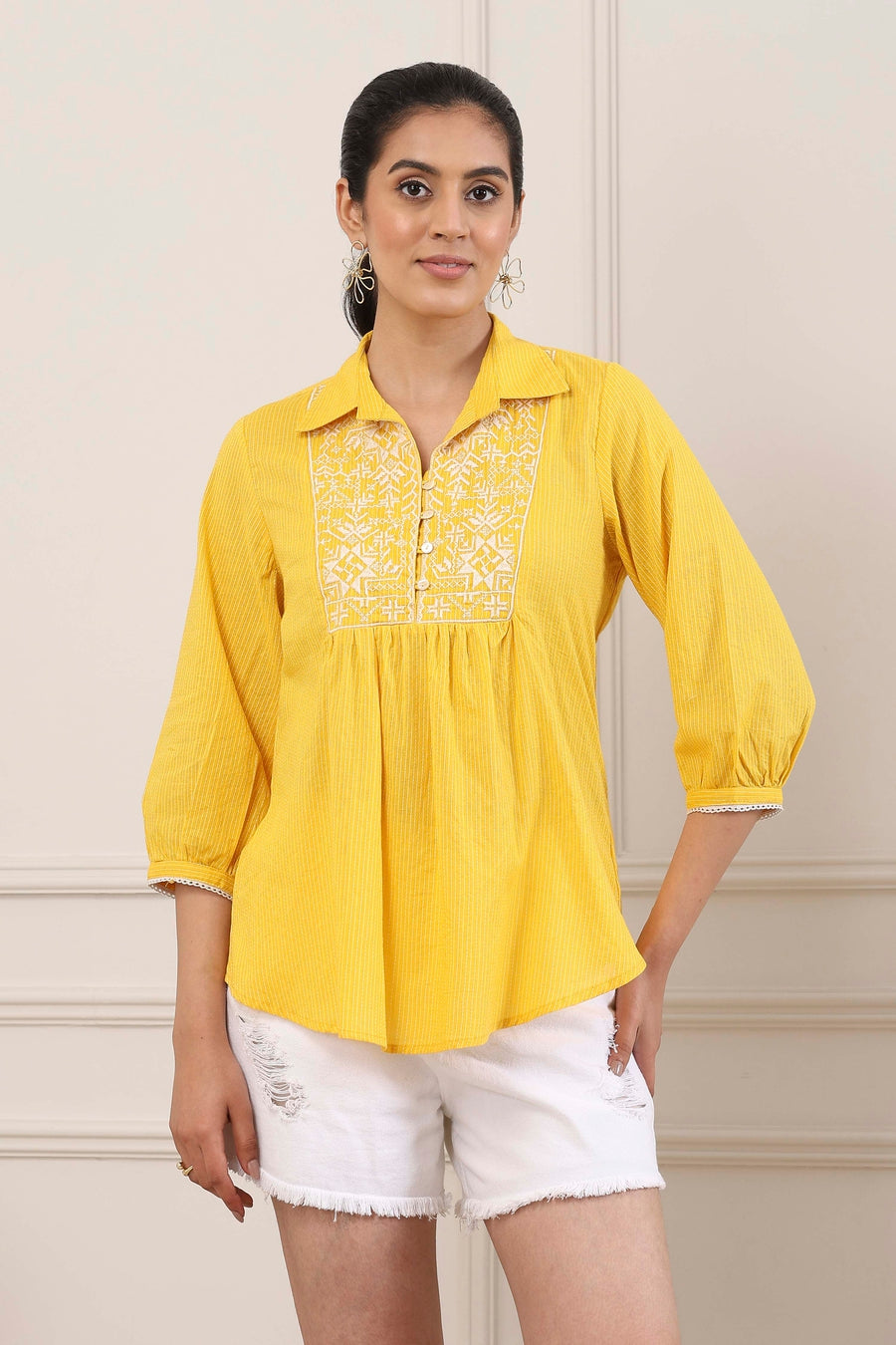 Yellow Cotton Yoke Embroidered Kurti K60