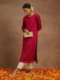 Libas Hot Pink Embroidered Chanderi Silk Straight Kurta