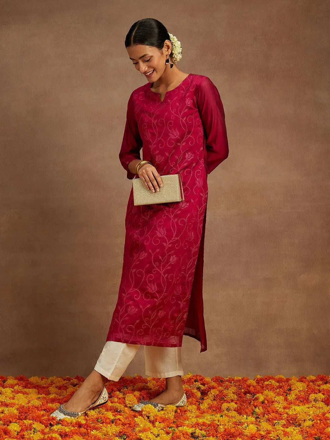 Libas Hot Pink Embroidered Chanderi Silk Straight Kurta