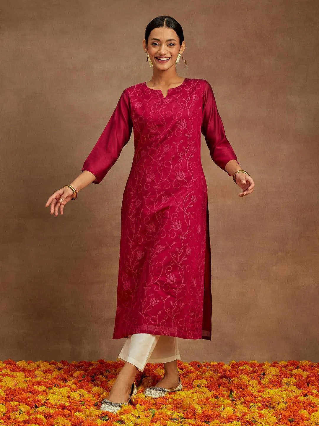 Libas Hot Pink Embroidered Chanderi Silk Straight Kurta