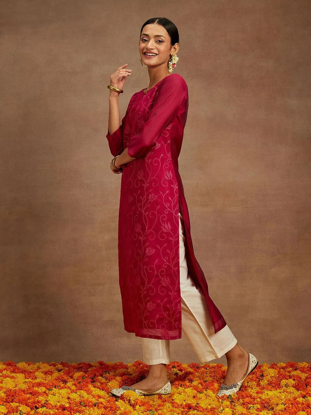 Libas Hot Pink Embroidered Chanderi Silk Straight Kurta