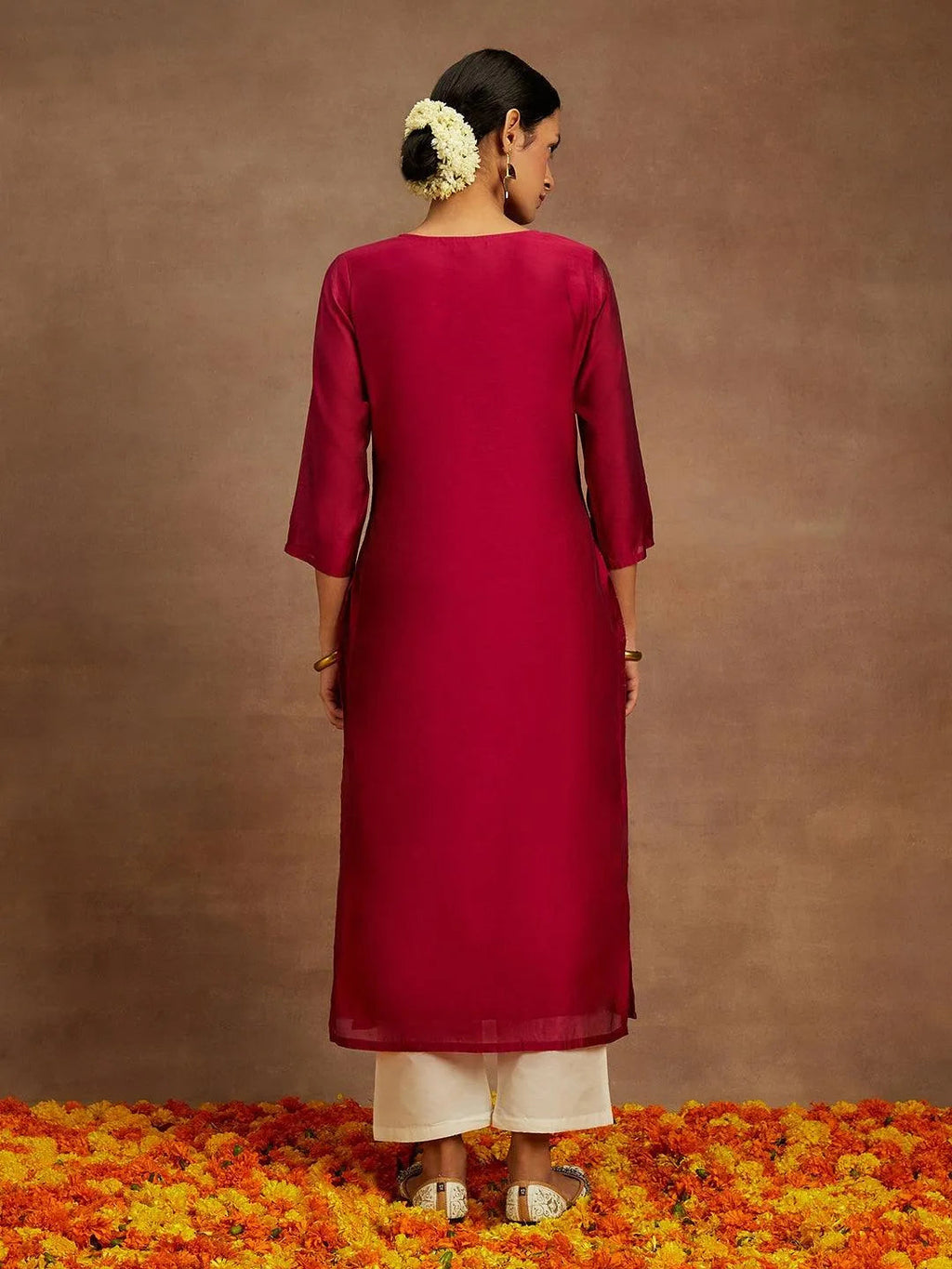 Libas Hot Pink Embroidered Chanderi Silk Straight Kurta