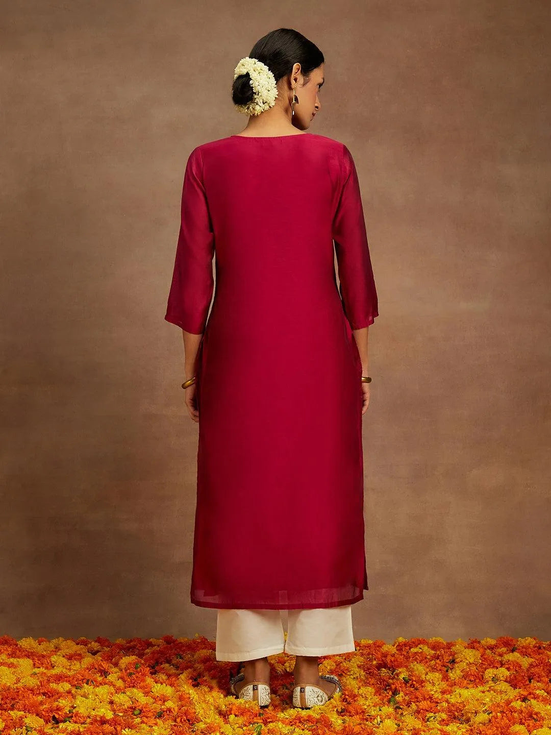 Libas Hot Pink Embroidered Chanderi Silk Straight Kurta