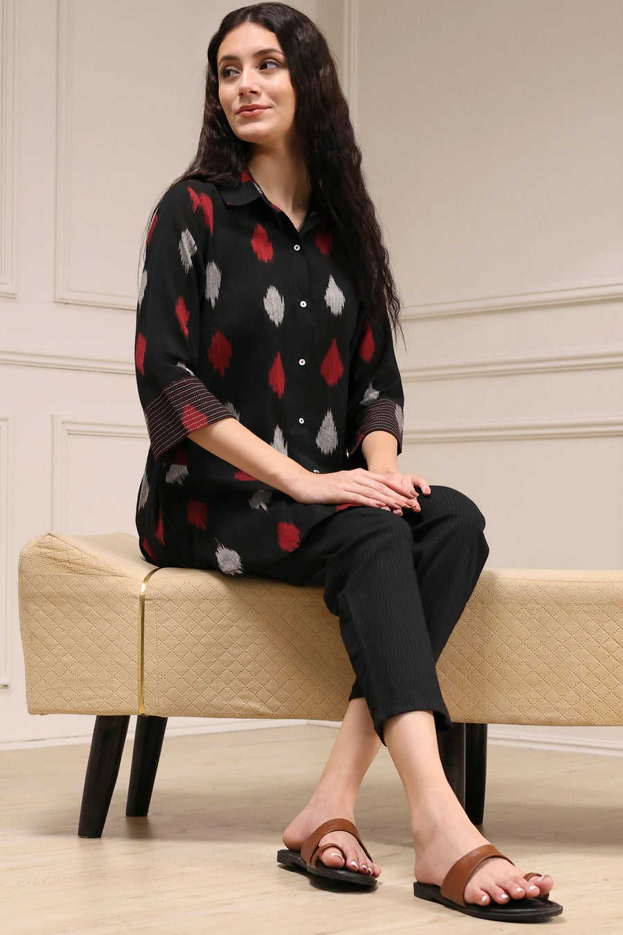 Black Cotton Straight Yarndyed Short Kurta K60