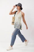 Ivory Cotton Geometric Tie-Up Halter Kurti K60