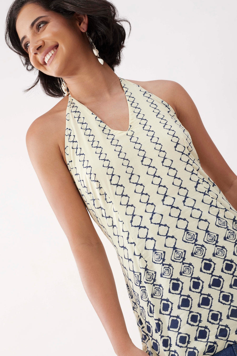 Ivory Cotton Geometric Tie-Up Halter Kurti K60