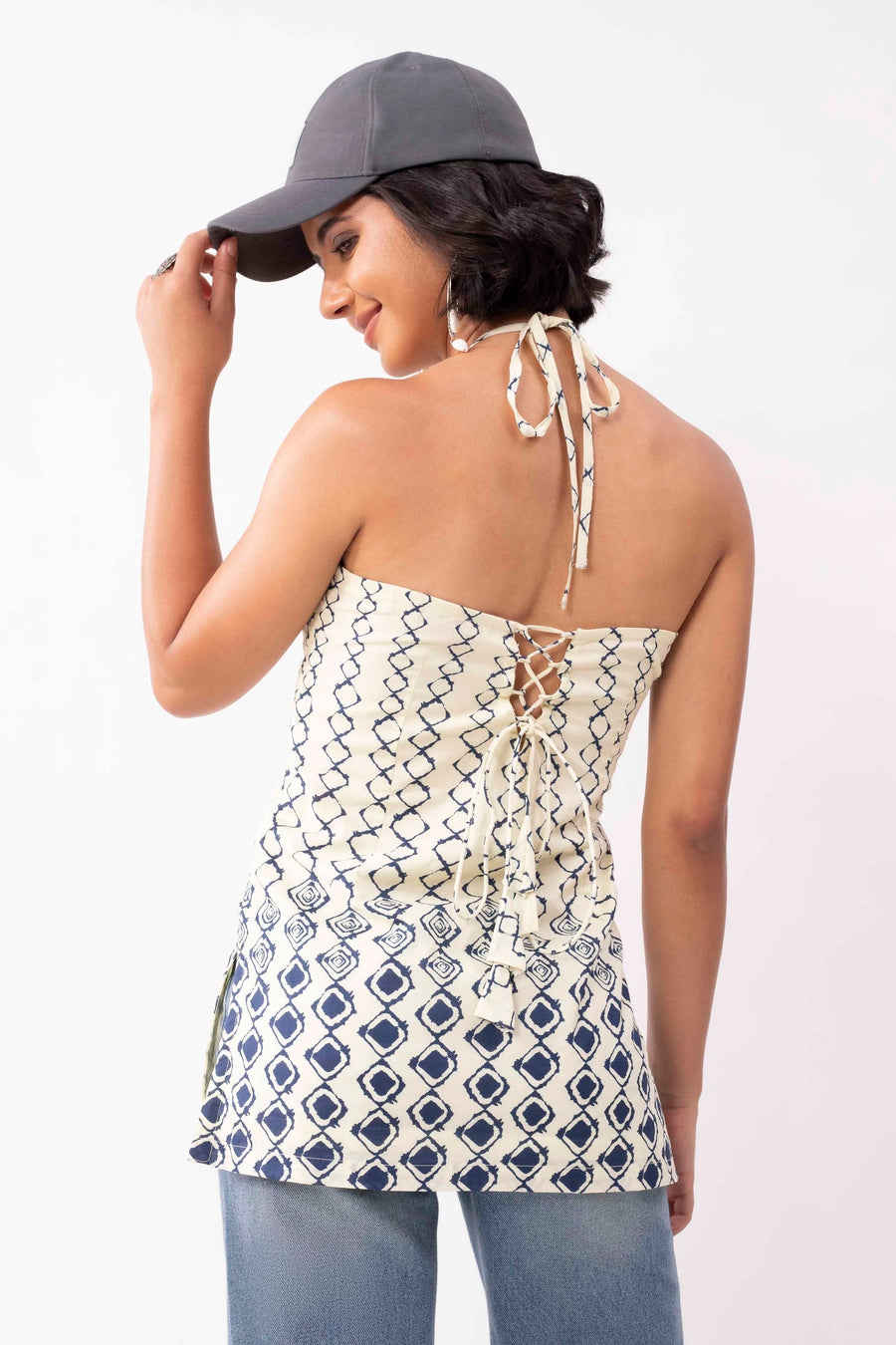 Ivory Cotton Geometric Tie-Up Halter Kurti K60