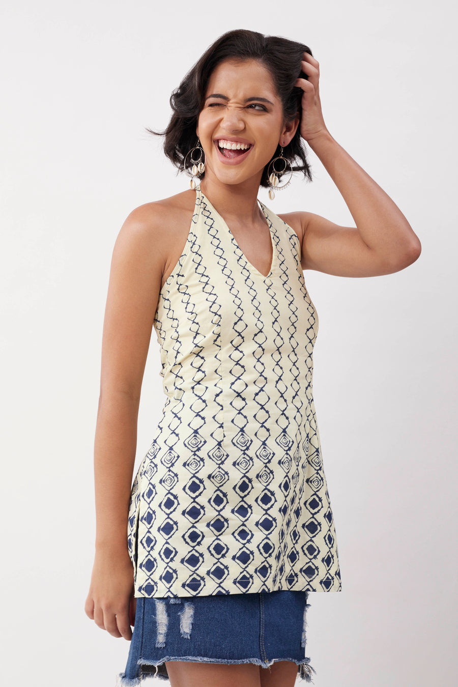 Ivory Cotton Geometric Tie-Up Halter Kurti K60