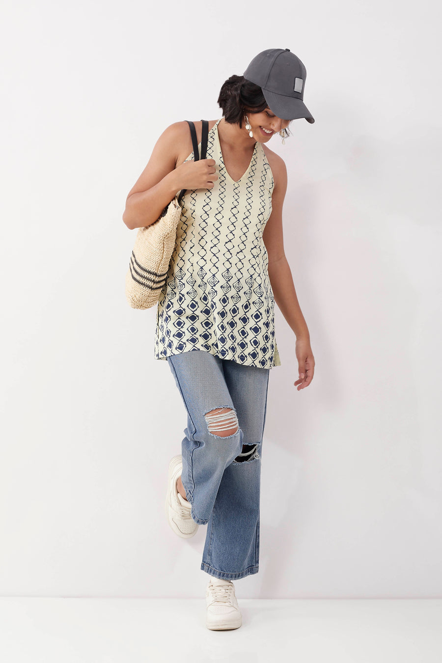 Ivory Cotton Geometric Tie-Up Halter Kurti K60