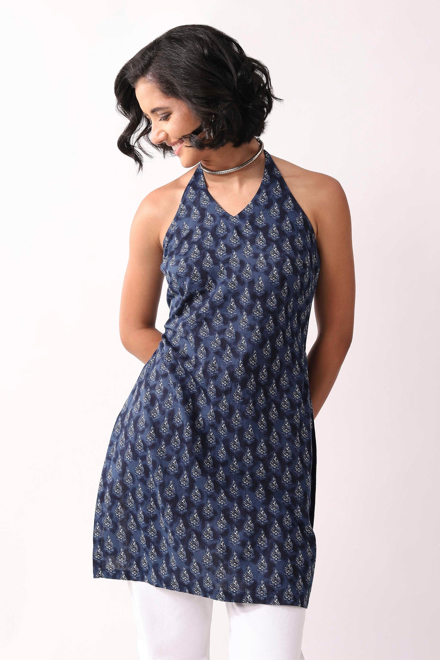 Indigo Cotton Floral Halter Tie-Up Kurti K60
