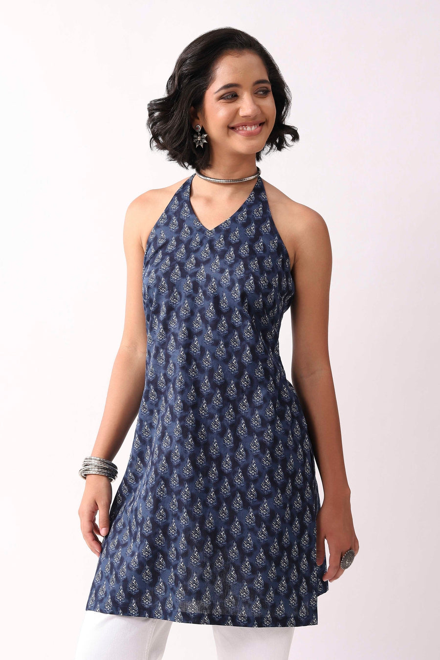 Indigo Cotton Floral Halter Tie-Up Kurti K60