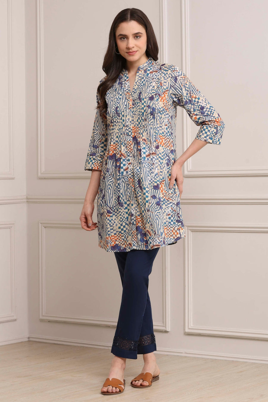 Blue Cotton Printed Straight Short Kurta K60
