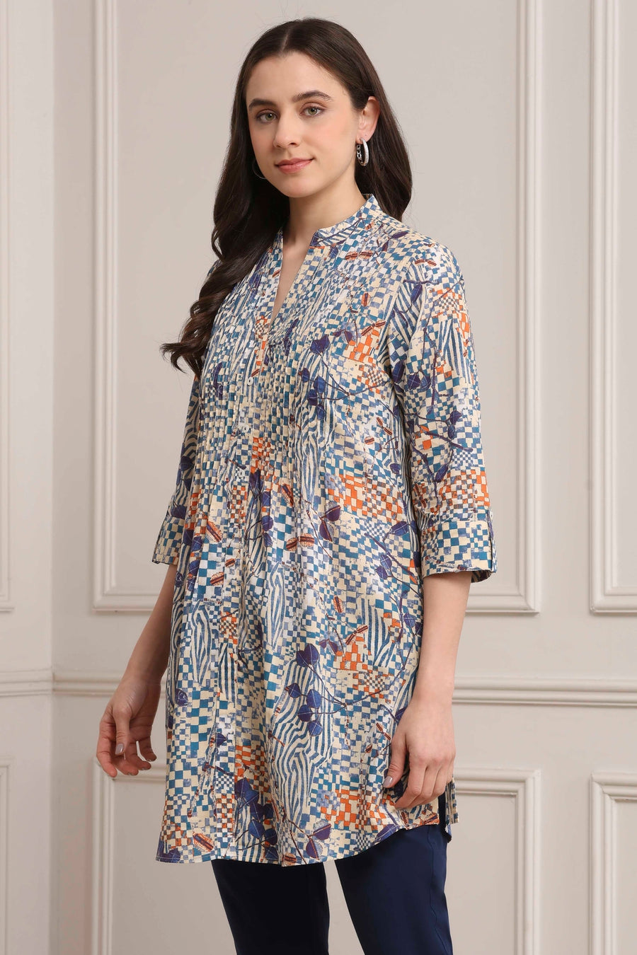 Blue Cotton Printed Straight Short Kurta K60